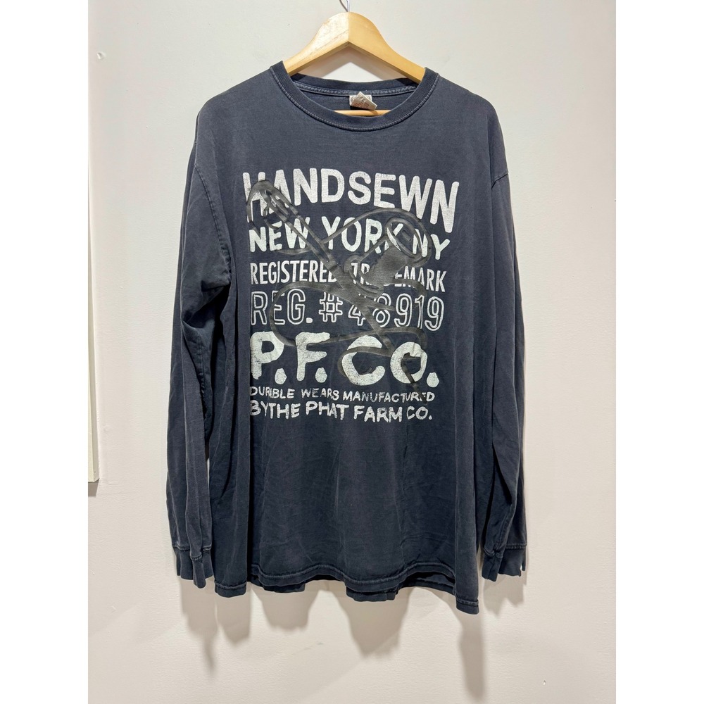 Phat Farm Mens Long Sleeve Graphic T-Shirt Faded Black Distressed Vintage 2XL